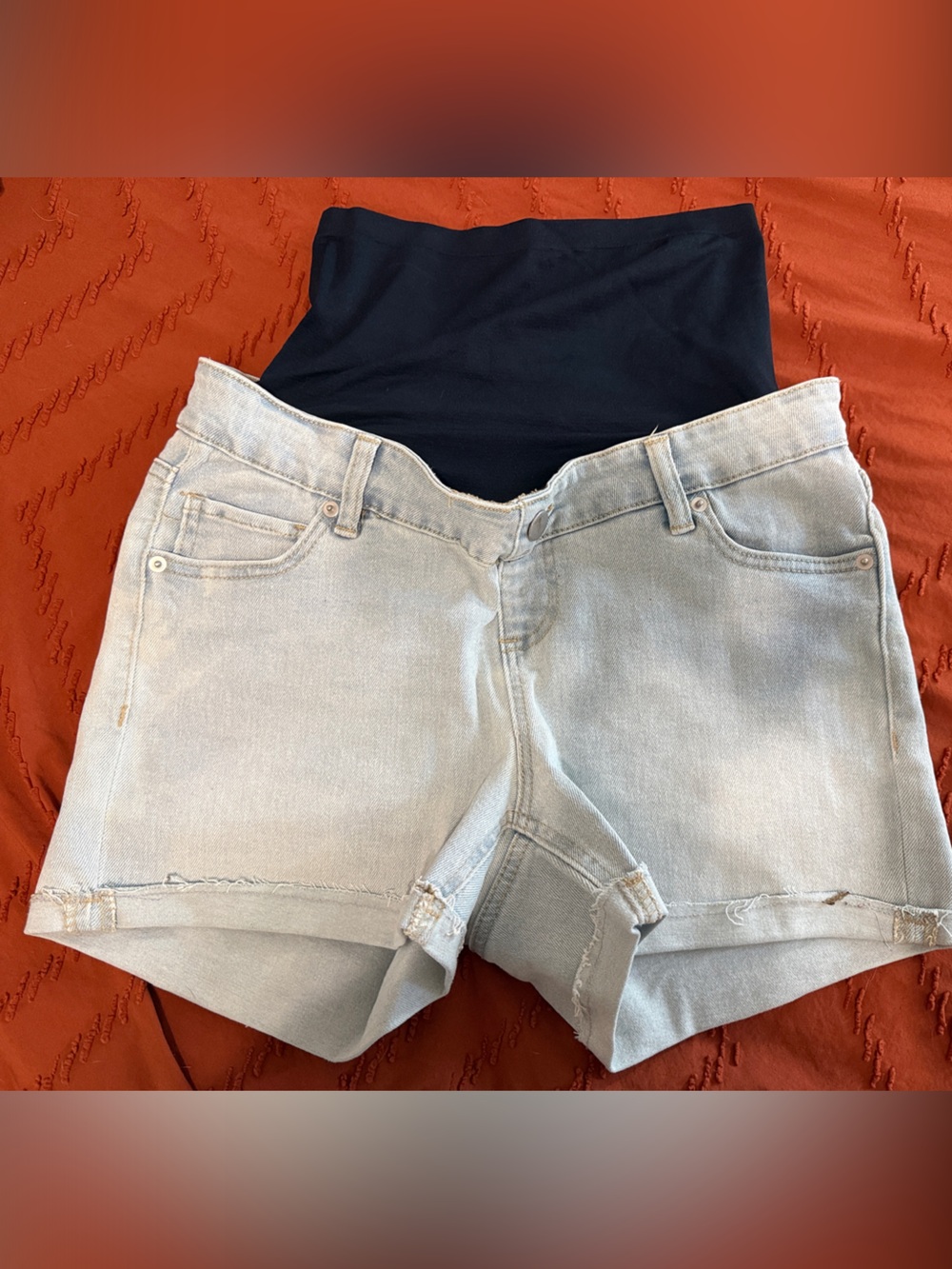 Light Wash Denim Maternity Shorts with Navy Support Panel
